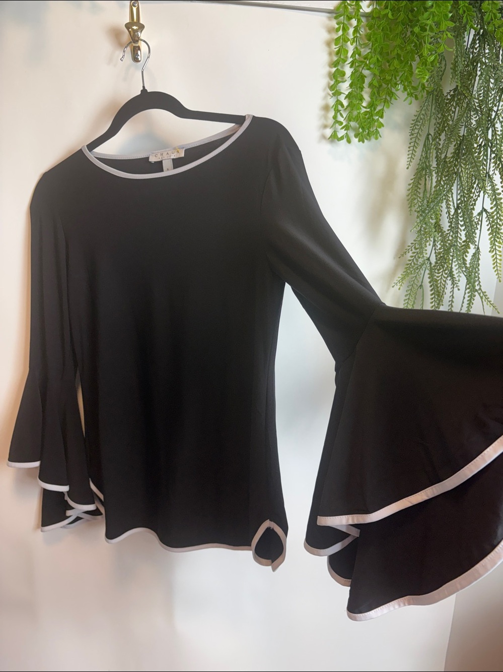 Chaus Black Blouse with White Accents and Flared Sleeves